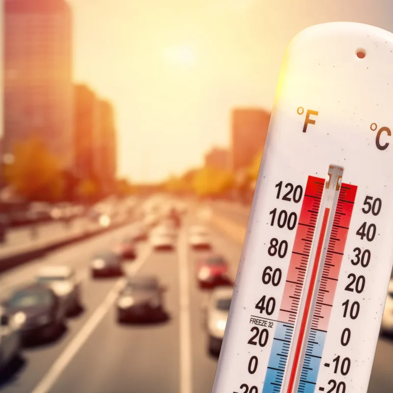 A thermometer showing over 100 degrees Fahrenheit in front of a sunlit highway full of cars.